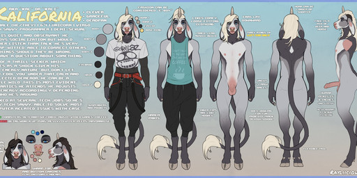 anthro black_bottomwear black_clothing black_pants blonde_hair blue_clothing blue_eyes blue_topwear bottomwear clothed clothing color_swatch ear_piercing ear_ring erection facial_piercing foreskin front_view genitals grey_body hair horn humanoid_genitalia humanoid_penis long_hair male mouth_closed narrowed_eyes nose_piercing nose_ring nude open_mouth pants penis piercing ring_piercing septum_piercing septum_ring shirt solo standing t-shirt text topwear white_body white_clothing white_shirt white_t-shirt white_topwear rayliicious mythology equid equine mammal mythological_creature mythological_equine unicorn 2023 dated english_text hi_res model_sheet signature nonbinary_(lore)