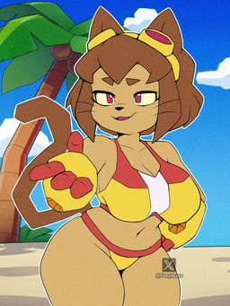 anthro beach bikini biped brown_ears brown_hair brown_tail clothed clothed_anthro clothed_female clothing female female_anthro fingers hair navel red_eyes solo standing swimwear tail two-piece_swimsuit white_bikini white_clothing white_swimwear yellow_body yellow_sclera genyacero gameoverse glitch_productions kit_bodega domestic_cat felid feline felis mammal 2026 3:4 digital_media_(artwork) hi_res
