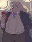 anthro belly big_belly blush bottomwear brown_body cellphone clothed clothing electronics humanoid_hands kemono male open_clothing open_shirt open_topwear overweight overweight_anthro overweight_male pants phone shirt smartphone solo sweater topwear dv-ch bear mammal 2018 hi_res