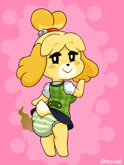 anthro bottomwear clothed clothing clothing_lift diaper diaper_under_clothing diaper_under_skirt exposed_diaper feces female flirting flirting_with_viewer looking_at_viewer looking_back raised_bottomwear raised_clothing raised_skirt raised_tail skirt skirt_lift soiled_diaper soiling solo stink_fumes tail unclean_diaper used_diaper wearing_diaper shima-pad animal_crossing nintendo isabelle_(animal_crossing) canid canine canis domestic_dog mammal shih_tzu toy_dog