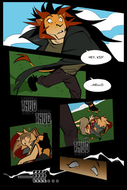 anthro black_border blood blood_in_mouth blood_on_face blood_puddle bodily_fluids border clothing coat death dialogue duo hair looking_at_another lying_on_ground mane mane_hair nosebleed on_ground simple_background speech_bubble text topwear torn_clothing touching_shoulder trenchcoat unconscious ksejl mello_(ksejl) rey_(ksejl) canid canine canis domestic_dog felid lion mammal pantherine 2:3 comic english_text hi_res