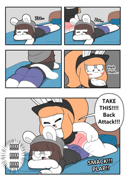 anthro beanie bed black_clothing black_hat black_headwear black_shirt black_topwear blue_bottomwear blue_clothing blue_shorts blush bottomwear breasts brown_hair butt cleavage clothed clothing dialogue dry_humping duo eyelashes female female_humping furniture grey_beanie grey_clothing grey_hat grey_headwear hair hat headgear headwear lying male male/female on_front orange_hair pink_bottomwear pink_clothing pink_shorts ponytail shirt shorts sleeping speech_bubble tail text topwear tonytoran tina_(tonytoran) tony_(tonytoran) chinchilla chinchillid lagomorph leporid mammal rabbit rodent absurd_res comic hi_res