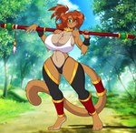 anthro big_breasts bra breasts brown_body brown_fur brown_hair buckteeth cleavage clothed clothing female forest fur green_eyes hair leggings legwear looking_at_viewer melee_weapon midriff outside panties partially_clothed plant poking polearm skimpy smile solo standing teeth tree underwear weapon wide_hips mastergodai mrs._amp_(mramp) haplorhine mammal monkey primate hi_res