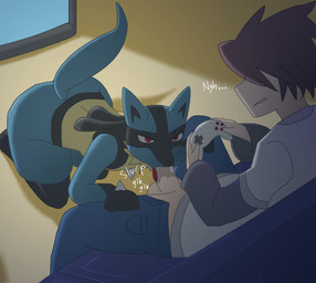 ambiguous_gender anthro balls blue_body blue_fur bottomwear butt clothed clothing duo fellatio fur gaming genitals hands_on_knees hands_on_legs interspecies kneeling male oral pants penile penis playing_video_game pokephilia red_eyes sex tail text tongue tongue_out tongue_out_fellatio aeltrix nintendo pokemon canid canine canis domestic_dog generation_4_pokemon human lucario mammal pokemon_(species) hi_res