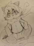 ambiguous_gender anthro big_eyes clothed clothing crouching eyebrows hair kemono looking_at_viewer nipples scarf simple_background solo topless underwear weapon young kurokiriririri 3:4 monochrome sketch