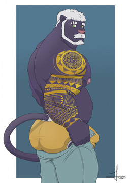 anthro areola barazoku barbell_piercing beard biceps big_butt biped bottomwear bulge butt clothed clothing facial_hair feline_tail fingers fist forearm_muscles forearms fur furgonomics green_eyes grey_bottomwear grey_clothing grey_pants hair head_turned humanoid_hands looking_at_viewer looking_down male musclegut muscular muscular_anthro muscular_arms muscular_male mustache nipple_barbell nipple_piercing nipples pants piercing pink_areola pink_nipples pulling_up_pants purple_body purple_fur shadow short_hair side_view solo standing topless topless_anthro topless_male underwear white_hair yellow_clothing yellow_underwear isaac_andel tight_pants_(meme) dante_(dantethepanther) felid mammal pantherine 2023 colored hi_res meme portrait shaded signature three-quarter_portrait