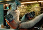 anthro fluffy fur grass hair hi-tech lamp male open_mouth paws plant smile solo tail warm_light warm_lighting daytia c4d rexouium 3d_(artwork) cinema_4d_(artwork) digital_media_(artwork) hi_res