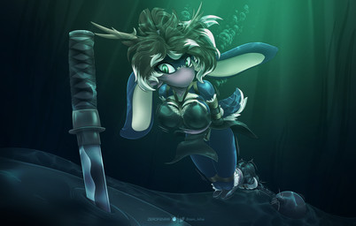 abyss anthro antlers bdsm bondage bound bound_female bubble captured cloth_gag cuff_(restraint) damsel damsel_in_distress female gag gagged heroine horn knife lock long_ears ninja otm_gag otn_gag padlock peril restraints rope rope_bondage rope_harness shackles solo underwater warrior water weights zerofenrir kinktober_2022 jackalope lagomorph mammal absurd_res hi_res