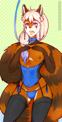 anthro big_tail biped blonde_hair blue_hair braided_hair brown_body brown_fur bulge clothed clothing collar corset crossdressing femboy fur garter_straps gloves_(marking) hair hand_on_chest heart_eyes heart_symbol leash legwear lingerie long_hair long_torso male markings multicolored_body multicolored_fur multicolored_hair nipples offscreen_character open_mouth panties pattern_background purple_eyes side-tie_panties simple_background small_waist solo standing stare stockings striped_markings striped_tail stripes tail tail_markings thigh_highs thong topwear two_tone_hair underwear whiskers white_body white_fur wide_eyed wide_hips clue_(artist) lokkun ailurid mammal red_panda 2016 digital_media_(artwork) hi_res shaded