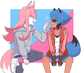 5_fingers anthro blue_hair blue_tail blush boop bottomwear brown_body brown_fur clothing countershade_face countershading dipstick_tail duo facial_markings female fingers footwear fur gloves_(marking) hair head_markings high_top_shoes long_hair markings mask_(marking) open_mouth pants pink_body pink_fur pink_hair red_eyes shirt shoes short_hair shorts simple_background sitting smile sweater sweatpants tail tail_markings topwear undershirt white_body white_clothing white_footwear white_fur white_shoes poptrt brand_new_animal studio_trigger michiru_kagemori nazuna_hiwatashi canid canine fox mammal raccoon_dog tanuki hi_res
