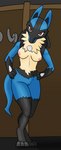 anthro areola breasts female female_anthro front_view genitals hands_on_hips looking_at_viewer medium_breasts multicolored_body nipples nude nude_anthro nude_female pussy red_eyes solo standing arcatech nintendo pokemon canid generation_4_pokemon lucario mammal pokemon_(species) absurd_res digital_drawing_(artwork) digital_media_(artwork) hi_res portrait shaded soft_shading three-quarter_portrait