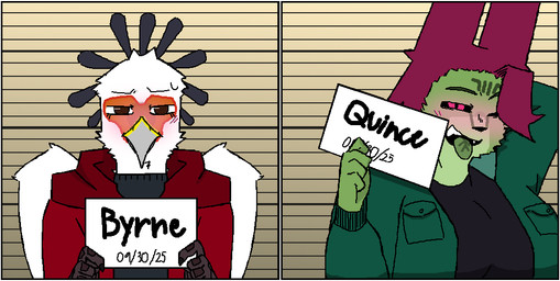 anthro avian_arms back_wings beak big_breasts black_body black_clothing black_feathers black_sclera black_shirt black_sweater black_topwear blush blush_lines bodily_fluids border breasts brown_eyes clothing duo eyebrows facial_markings facing_forward fangs feathers female fur gradient_background green_body green_clothing green_fur green_hoodie green_topwear hair head_feathers head_markings holding_object holding_sign hoodie leaf leaf_hair looking_at_viewer male male/female markings mugshot mugshot_sign nervous nervous_sweat open_mouth orange_body orange_feathers pattern_background petal_hair pink_eyes pink_hair plant plant_hair pose posing_for_picture posing_for_the_viewer pseudo_hair raised_arm red_clothing red_hoodie red_topwear shirt showing_teeth sign simple_background smug smug_face sweat sweater teeth tongue tongue_out topwear two_frame_image white_body white_border white_feathers white_sclera wings quincebleene barbie_and_ken_mugshot_meme quince_(quincebleene) accipitrid accipitriform avian bird piantan secretary_bird 2025 digital_drawing_(artwork) digital_media_(artwork) meme shaded