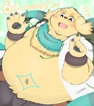 anthro belly blush clothed clothing eyes_closed fur jacket male moobs navel_tattoo open_clothing open_jacket open_topwear overweight overweight_male pawpads scarf solo topwear yellow_body yellow_fur poketalesof lifewonders tokyo_afterschool_summoners cu_sith_(tas) bird_dog canid canine canis domestic_dog golden_retriever hunting_dog mammal retriever absurd_res hi_res