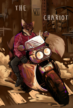 anthro card city city_background cityscape clothed clothing crosswalk major_arcana male motorcycle outside roman_numeral smoke solo tarot tarot_card the_chariot_(tarot) vehicle tessa_gaf canid canine mammal digital_media_(artwork) hi_res
