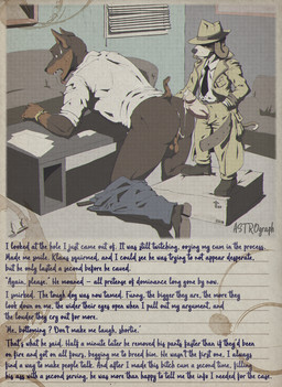 after_anal after_anal_penetration anal anthro anus balls black_body black_fur bodily_fluids bottomwear bottomwear_down brown_body brown_fur butt clothed clothing coat collared_shirt cum cum_in_ass cum_inside cum_on_own_penis cum_on_partner cum_on_penis cum_on_perineum cum_on_self cum_string desk detective docked_tail doggystyle drooling duo erection fangs fedora floppy_ears from_behind_position fur furniture genital_fluids genitals hat headgear headwear interrogation larger_sub looking_back male male/male male_penetrated male_penetrating male_penetrating_male multicolored_body multicolored_fur necktie on_desk pantless_anthro pants pants_around_ankles pants_down pantsless partially_clothed penetration penis perineum pointy_ears saliva sex shirt short_tail size_difference small_top_big_bottom standing_on_box submissive submissive_male table tail teeth text tongue tongue_out topwear trenchcoat two_tone_body two_tone_fur white_body white_fur astrograph beagle canid canine canis dobermann domestic_dog hunting_dog mammal pinscher scent_hound english_text hi_res
