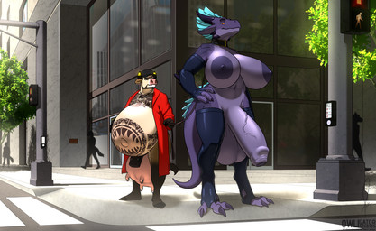 anthro areola arm_warmers armwear balls barefoot beard belly big_belly big_breasts big_penis bottomless breasts building claws clothed clothing collar crosswalk duo_focus ear_piercing erection exhibitionism eyewear facial_hair feet foreskin genital_raphe genitals glasses group gynomorph gynomorph/male hat headgear headwear hooves horn huge_belly huge_breasts huge_penis humanoid_genitalia humanoid_penis hyper hyper_belly hyper_breasts hyper_genitalia hyper_penis intersex intersex/male jewelry leash legwear male necklace nipples penis piercing plant pregnant public public_exposure public_nudity raphe_(anatomy) scrotal_raphe tattoo teats thigh_highs tree udder_piercing udders vein veiny_penis window agroalba owligatorstudios mythology nil segremores bovid bovine cattle dragon mammal mythological_creature mythological_scalie scalie 2022 andromorph_(lore)