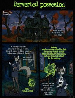 anthro big_breasts breasts business business_attire business_suit businesswear clothing duo female footwear hair hair_bun haunted haunted_house high_heels holidays shoes suit text toby_art halloween canid canine fox ghost mammal spirit suid suine absurd_res comic english_text hi_res painting_(artwork)