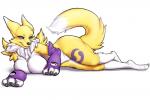3:2 3_fingers 3_toes anthro bandai_namco bedroom_eyes big_breasts black_sclera blue_eyes breasts canid canine digimon digimon_(species) feet female fingers genitals half-closed_eyes looking_at_viewer lying mammal narrowed_eyes neck_tuft on_side pussy renamon seductive simple_background solo strawberrycucumber toes tuft white_background