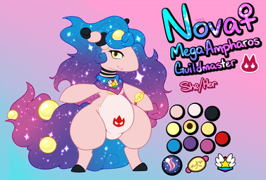 anthro badge belly_tattoo body_tattoo bracelet female jewelry kerchief kerchief_only mostly_nude neckerchief neckerchief_only neckwear scarf scarf_only solo tattoo thick_thighs softestpuffss nintendo pokemon pokemon_mystery_dungeon spike_chunsoft fan_character alpha_pokemon generation_6_pokemon mega_ampharos mega_evolution pokemon_(species) shiny_pokemon hi_res model_sheet