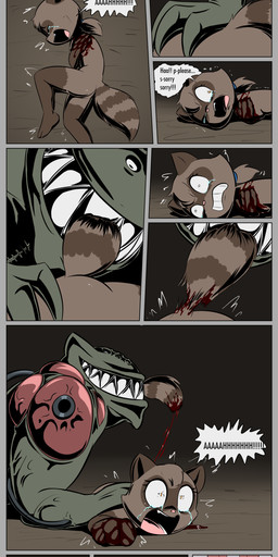 anthro bite blood blush blush_lines bodily_fluids border breasts buckteeth butt clothed clothing cruelty crying dark_humor dialogue duo eyewear facial_scar feet female glasses gore grey_border group happy hard_vore heart_eyes heart_symbol imminent_death inner_boob mad_scientist male missing_arm multi_eye mutilation natural_breasts nipples nude oh_no pain peril rock ryona scar scared screaming severed_body_part severed_limb severed_tail shaking sharp_teeth solo steam suffering surgical_suture tears teeth text topwear trembling trio vore e254e dr._emilia_(e254e) emil_(e254e) canid canine fox lagomorph leporid mammal monster procyonid rabbit raccoon absurd_res hi_res