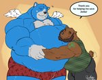 anthro belly blue_body blue_fur bottomwear brown_body brown_fur bulge clothing duo eyes_closed fur hug humanoid_hands male male/male overweight overweight_male shirt shorts simple_background text topwear underwear deadanthro nintendo oracle_of_ages oracle_of_seasons the_legend_of_zelda moosh bear mammal 2020 english_text hi_res