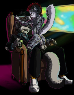 anthro anthro_on_anthro anus balls beverage chair cigar clothed clothed/nude clothed_male clothing duo ear_piercing erection female female_penetrated footwear from_front_position fully_clothed furniture genitals glass leopard_spots male male/female male_penetrating male_penetrating_female mastery_position nude on_lap on_top penetration penile penile_penetration penis penis_in_vagina penis_poking_out penis_through_fly piercing raised_tail recliner sex shoes sitting sitting_on_lap smoking spots straddling tail vaginal vaginal_penetration vulva shane_nelson canid canine canis felid leopard mammal pantherine snow_leopard wolf 2009 hi_res