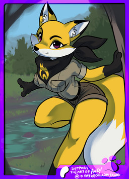 anthro belt biped bottomwear closed_smile clothing dipstick_ears dipstick_tail ear_markings eyelashes female female_anthro fur kerchief looking_at_viewer markings mouth_closed multicolored_ears neckerchief neckwear on_one_leg outside park_ranger plant river shorts smile smiling_at_viewer solo standing tail tail_markings text uniform white_body white_fur yellow_body yellow_fur awd! firesmartcanada patreon ember_the_firesmart_fox canid canine fox mammal distracting_watermark url watermark