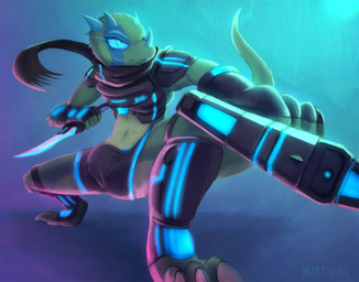 3_toes anthro bulge clothing dagger feet fingerless_gloves gloves gun handwear holding_object holding_weapon horn knife male melee_weapon neon ranged_weapon reverse_grip scarf simple_background solo tail toes weapon nurinaki vergence dinosaur dromaeosaurid prehistoric_species reptile saurischian scalie theropod velociraptor 2014