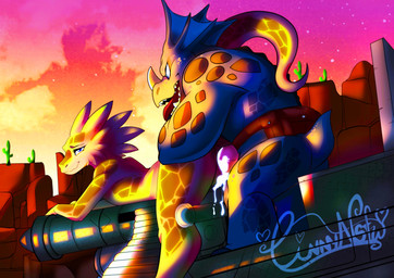 anthro cactus duo fantasy female gatling_gun gun machine_gun male male/female nature plant ranged_weapon sky star weapon linnylovensfw activision spyro_reignited_trilogy spyro_the_dragon fan_character gatling dinosaur fantasy_creature prehistoric_species reptile scalie absurd_res hi_res