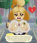 anthro big_breasts bodily_fluids breasts clothed clothing detailed_background dialogue dialogue_box female fingers footwear front_view hair header header_box heart_symbol heart_with_emanata holding_object holding_umbrella huge_breasts leaf leaf_(animal_crossing) looking_at_viewer nipples number numbered_heart open_mouth outside raining repeated_dialogue repeated_text shirt solo string_bow tears text text_box topwear translucent translucent_clothing translucent_topwear umbrella wet wet_clothing wet_shirt wet_topwear gammainks animal_crossing nintendo isabelle_(animal_crossing) canid canine canis domestic_dog mammal shih_tzu toy_dog 2022 absurd_res digital_media_(artwork) english_text hi_res