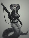 2020 agent_torque ammo_belt anthro apode armor big_breasts breasts cleavage clothed clothing draconcopode female greyscale gun hi_res holding_object holding_weapon impracticalart legless monochrome naga non-mammal_breasts orange_sclera pupils ranged_weapon reptile scalie serpentine shotgun slit_pupils snake snake_hood solo spas-12 trigger_discipline viper_(x-com) weapon x-com x-com:_chimera_squad