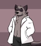 anthro bulge clothed clothing eyes_closed male open_clothing open_shirt open_topwear shirt solo topwear underwear orbitpaws password_(visual_novel) dave_(password) hyena mammal striped_hyena 2021 hi_res