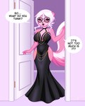 anthro big_breasts blush breasts clothing dialogue door doorway eyewear female glasses hair lipstick makeup pink_body solo stripes text white_hair skelly_doll hollow_hip_backless_chain_dress meme_clothing diana_rayablanca mammal mephitid skunk absurd_res digital_media_(artwork) english_text hi_res meme