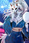 accessory animal_mask anthro asian_clothing blue_clothing blue_eyes breasts chest_tuft cleavage clothed clothing east_asian_clothing female fireworks fox_mask fur grey_body grey_fur hair hair_accessory japanese_clothing kemono kimono mask pink_hair smile smiling_at_viewer solo tuft ookamiwaho okami_bark canid canine canis mammal wolf 2:3 hi_res