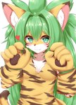 2021 5_fingers alternate_species anthro blush breasts brown_body brown_fur brown_nose cham_cham claws clothed clothing cute_fangs digital_media_(artwork) dipstick_ears dipstick_tail ear_markings fangs felid female female_anthro fingers fur furrification gloves green_eyes green_hair hair half-length_portrait handwear heart_symbol hi_res horokusa0519 inner_ear_fluff kemono long_hair looking_at_viewer mammal markings multicolored_ears multicolored_tail pantherine paw_gloves pawpads portrait pupils samurai_shodown simple_background slit_pupils smile solo tail tail_markings teeth tiger topwear translucent translucent_hair tuft white_background white_body white_fur yellow_body yellow_fur