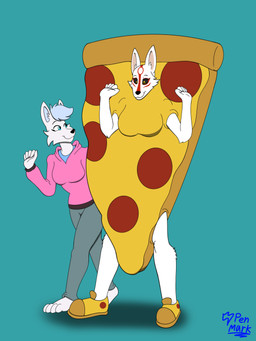 anthro clothing costume duo female food food_costume hoodie pizza pizza_costume topwear penmark25! capcom okami_(capcom) amaterasu_(okami) sundae_(kigtoons) canid canine canis mammal wolf 3:4 absurd_res hi_res