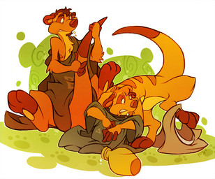 ambiguous_gender anthro clothing duo feral potion shrinking size_transformation tail thick_tail transformation transformation_potion kuma herpestid mammal meerkat