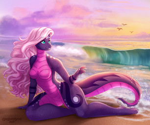 ambient_silhouette anthro beach big_tail breasts countershading exposure_variation featureless_breasts featureless_crotch female feral group hair long_hair long_tail markings multicolored_body multicolored_scales non-mammal_breasts nude on_sand pink_hair purple_body purple_scales scales seaside silhouette sitting solo_focus spots sunset tail thick_tail ventral_scales water wave wavy_hair tiggybloom liatris ambient_bird ambient_flier avian bird reptile scalie snake 2020 digital_media_(artwork) shaded