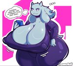 anthro big_breasts big_butt breasts butt cleavage cleavage_overflow clothed clothing erect_nipples female fluffy fur huge_breasts huge_butt hyper mature_female nipple_outline nipples overweight overweight_female purple_clothing shopping solo standing thick_thighs tight_clothing white_body white_fur wide_hips worried mirukiblue undertale_(series) toriel boss_monster_(undertale) bovid caprine goat mammal half-length_portrait hi_res portrait