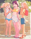 2_horns anklet anthro backpack blonde_hair blush blush_lines bodily_fluids bottomwear breasts bulge clothing countershade_torso countershading detailed_background detailed_bulge ear_piercing erection exhibitionism eyes_closed female female_anthro floppy_ears footwear fur genital_fluids genital_outline genitals group gynomorph gynomorph_anthro hair horn intersex intersex_anthro jewelry laugh light looking_at_viewer lop_ears medium_hair midriff navel non-mammal_navel outside panty_peek peeing_while_erect penis penis_outline piercing pink_body pink_skin plant ponytail public purple_hair sandals scut_tail shoes short_tail shorts shrub skinny_anthro skinny_female skinny_gynomorph small_breasts smile smiling_at_viewer sunlight tail tan_body tan_fur tongue tongue_out trio urine urine_on_leg watersports wetting conditional_dnp funkybun lily_(funkybun) rose_(funkybun) sophie_(funkybun) bovid caprine goat lagomorph leporid lizard mammal rabbit reptile scalie 2025 digital_media_(artwork) digital_painting_(artwork) english_description full-length_portrait hi_res painting_(artwork) portrait shaded soft_shading trans_(lore) trans_woman_(lore)