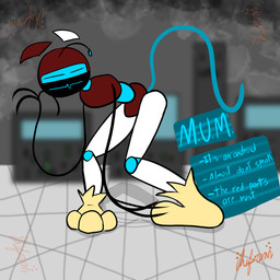 anthro blue_eyes eyes_closed laboratory machine male red_body solo white_body chefrens m.u.m._(chefrens) android robot 1:1 hi_res