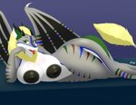 anthro areola big_areola big_breasts black_areola black_horn blonde_hair breasts female forked_tongue fur genitals green_body green_ears green_fur hair horn huge_breasts lying on_side pussy solo stripes tail tongue wings warpy_(artist) nanaki_azakee felkin 2024 hi_res