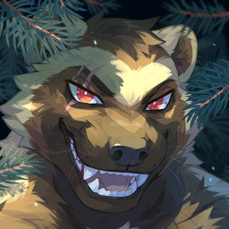 anthro eye_scar facial_scar fur looking_at_viewer male open_mouth open_smile pine_needles red_eyes scar sharp_teeth smile solo teeth whiskers corzh77 viru_(viruleince) gulonine mammal mustelid musteline wolverine 1:1 hi_res