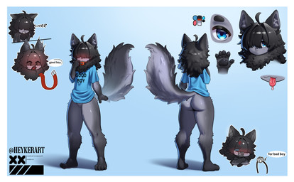 4_toes 5_fingers ahoge anthro bared_teeth black_body black_fur black_hair black_nose black_pawpads blue_background blue_clothing blue_eyes blue_shirt blue_topwear blush bodily_fluids border bottomless butt chibi circle_eyebrows claws clothed clothing collar color_swatch cross-popping_vein crossed_arms crotch_tuft dripping ears_back eye_through_hair eyebrows feet fingerpads fingers fluffy fluffy_tail fur good_boy grey_body grey_fur growling hair hair_over_eye hair_over_eyes heart_tongue inner_ear_fluff looking_at_viewer male muzzle_(object) muzzled neck_tuft pawpads pivoted_ears plantigrade print_clothing print_shirt print_topwear saliva saliva_drip scribble_eyes shirt simple_background solo tail tears teeth text toes tongue tongue_out topwear translucent translucent_hair tuft twitter_handle white_border young young_anthro young_male heykerart orion_(heykerart) canid canine canis mammal wolf absurd_res alternate_version_at_source artist_name hi_res model_sheet smaller_version_at_source