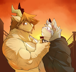 anthro anthro_on_anthro beard blush brown_body brown_fur brown_hair clothed clothing duo eye_contact eyewear facial_hair fur glasses grabbing grey_body grey_fur hair horn jacket looking_at_another male manly multicolored_body multicolored_fur muscular muscular_male side_view smile sunset topwear two_tone_body two_tone_fur white_body white_fur kokukokuboo felix_(kokuhane) gavin_(kokuhane) bovid caprine domestic_cat felid feline felis goat mammal