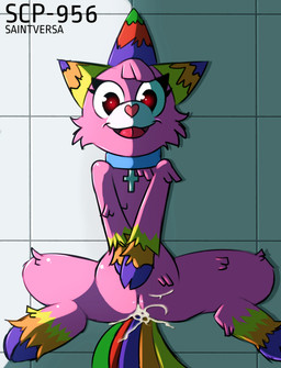 anthro bodily_fluids cross cum cum_in_vagina cum_inside female fur genital_fluids genitals glowing glowing_eyes horn open_mouth pinata pink_body pink_fur red_eyes smile solo vulva saintversa mythology scp_foundation scp-956 animate_inanimate equid equine living_pinata mammal mythological_creature mythological_equine unicorn absurd_res hi_res