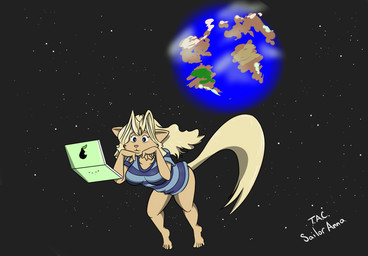 anthro blonde_hair blue_eyes breasts clothed clothing computer earth electronics female hair laptop pink_nose planet solo space star sailoranna cheese_quesadilla domestic_cat felid feline felis mammal digital_media_(artwork) hi_res shaded