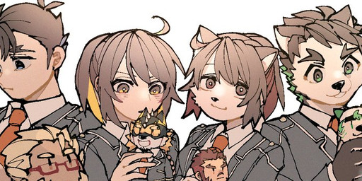 anthro brown_body brown_fur brown_hair chibi clothing doll female fur group hair male necktie ponytail suit fgo_suisei lifewonders live_a_hero akashi_(live_a_hero) cat_operator crowne_(live_a_hero) dog_operator female_operator huckle male_operator mokdai protagonist_(live_a_hero) ryekie_(live_a_hero) sui_(live_a_hero) canid canine canis domestic_cat domestic_dog felid feline felis human humanoid mammal