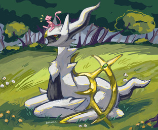 ambiguous_gender anthro day detailed_background duo emanata eyes_closed feral flower forest grass green_sclera lying on_front outside pink_body plant red_eyes sitting_on_another size_difference tail tree white_body dietranch nintendo pokemon arceus generation_1_pokemon generation_4_pokemon legendary_pokemon mew_(pokemon) pokemon_(species) 2025 hi_res signature
