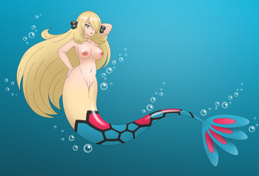 blonde_hair blue_body blue_scales breasts bubble clothing female genitals gradient_background hair hand_on_hip looking_at_viewer nipples nude pokemon_champion scales simple_background solo split_form tan_body underwear vulva joyvell nintendo pokemon cynthia_(pokemon) aquatic generation_3_pokemon humanoid merfolk milotic pokemon_(species) 2025 hi_res